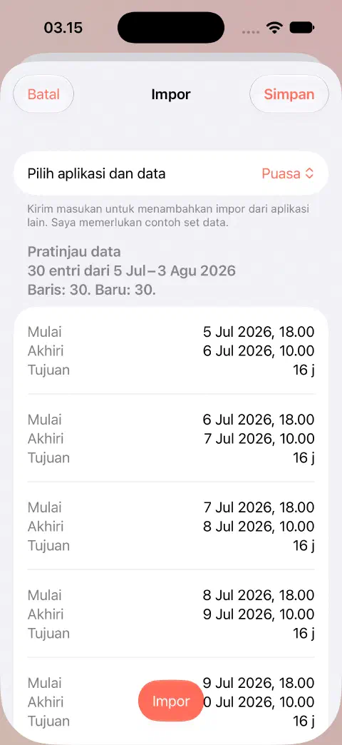 Pratinjau impor CSV Fasty dengan 30 baris, 30 entri baru, serta nilai mulai, selesai, dan tujuan catatan pertama sebelum disimpan.