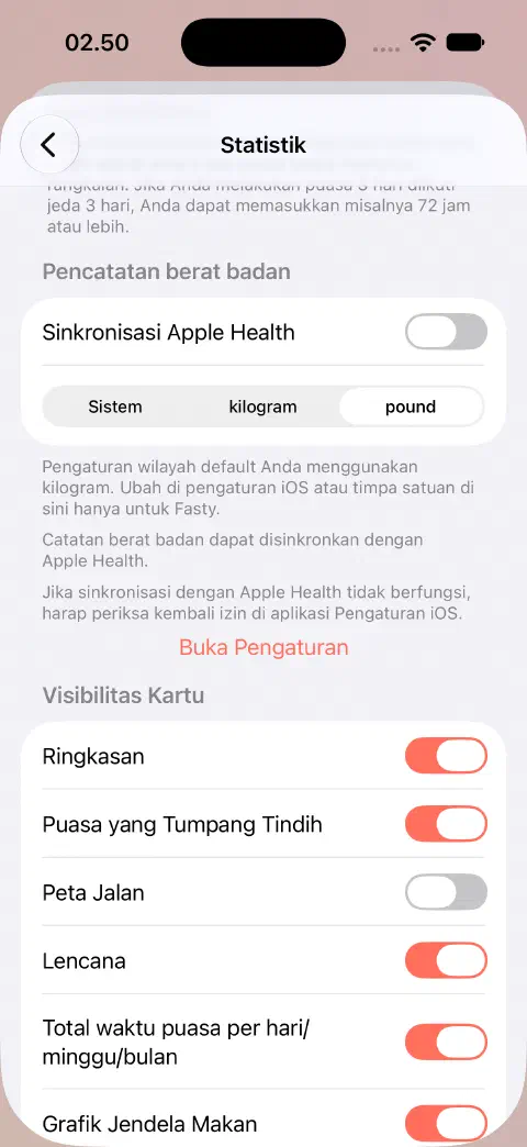 Pengaturan Statistik dengan Sinkronisasi Apple Health nonaktif dan pound dipilih alih-alih Sistem atau kilogram.