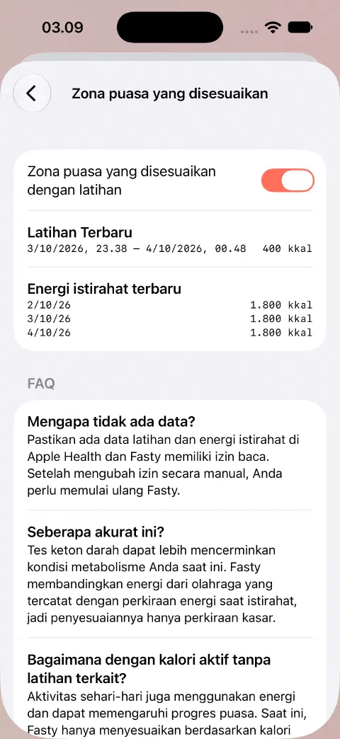 Zona puasa yang disesuaikan aktif, dengan latihan contoh 400 kcal dan nilai energi istirahat terbaru tercantum di bawahnya.