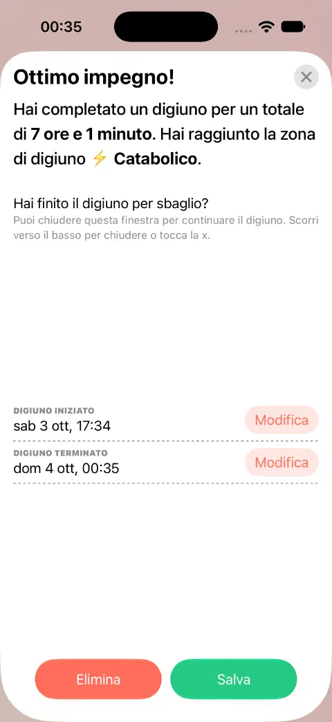 Registrazione di un digiuno completato pronta da salvare, con pulsanti Modifica separati per Digiuno iniziato e Digiuno terminato.