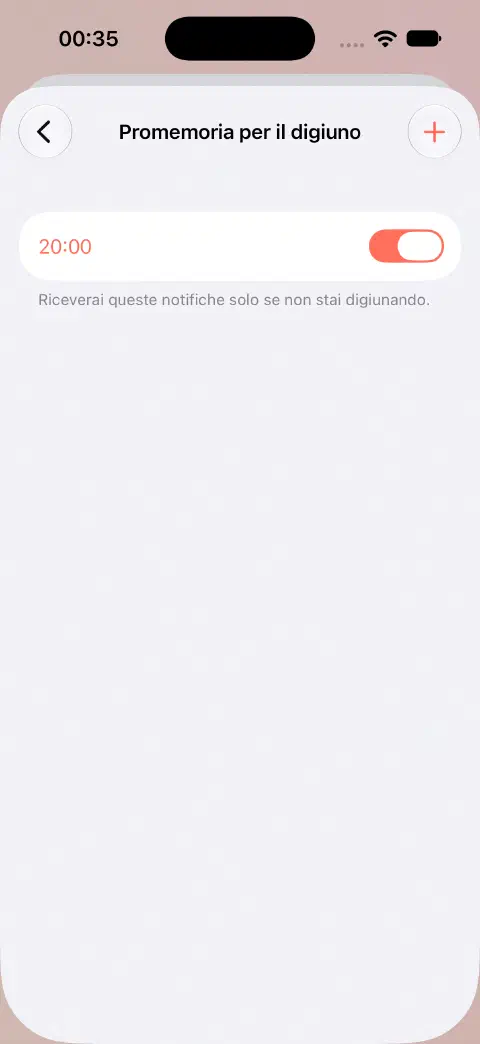 Promemoria per il digiuno con un promemoria giornaliero attivo alle 20:00 e la spiegazione che avvisa solo quando non stai digiunando.