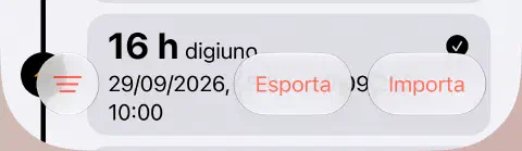 Barra in basso nella cronologia dei digiuni, con il pulsante Filtro a tre linee a sinistra ed Esporta e Importa a destra.