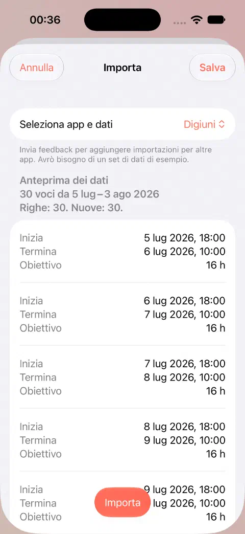 Anteprima di importazione CSV di Fasty con 30 righe, 30 nuove voci e i valori di inizio, fine e obiettivo delle prime registrazioni prima del salvataggio.