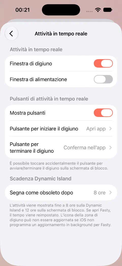Impostazioni delle Attività in tempo reale con interruttori separati per digiuno e alimentazione, opzioni di comportamento dei pulsanti e impostazioni di scadenza della Dynamic Island.