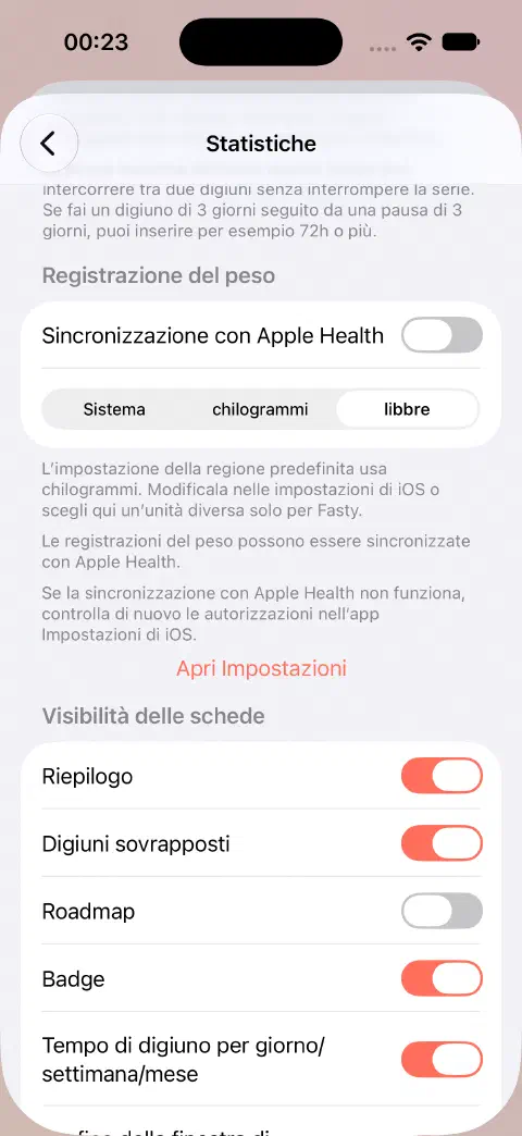 Impostazioni delle statistiche con Sincronizzazione con Apple Health disattivata e libbre selezionate al posto di Sistema o chilogrammi.