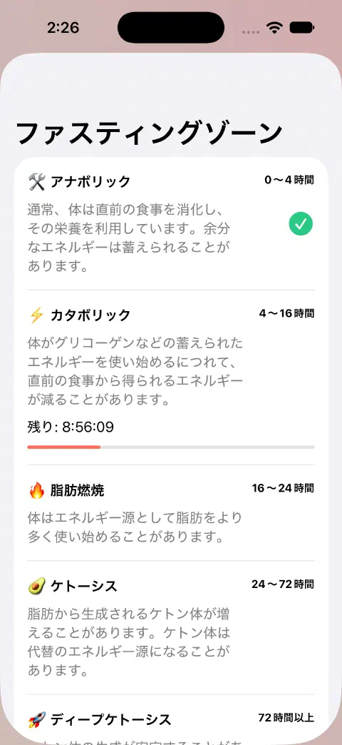 ファスティングゾーンのシート。ゾーン名、推定時間の範囲、説明、現在のゾーンの残り時間を示す進捗バー。