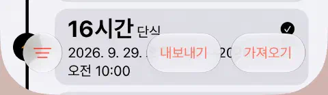 단식 기록의 아래 도구 막대. 왼쪽에 세 줄 필터 버튼, 오른쪽에 내보내기와 가져오기가 있어.