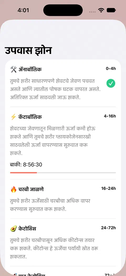उपवास झोन पत्रकात झोनची नावे, अंदाजे वेळेचे कालावधी, स्पष्टीकरणे आणि सध्याच्या झोनच्या उरलेल्या वेळेची प्रगती पट्टी.