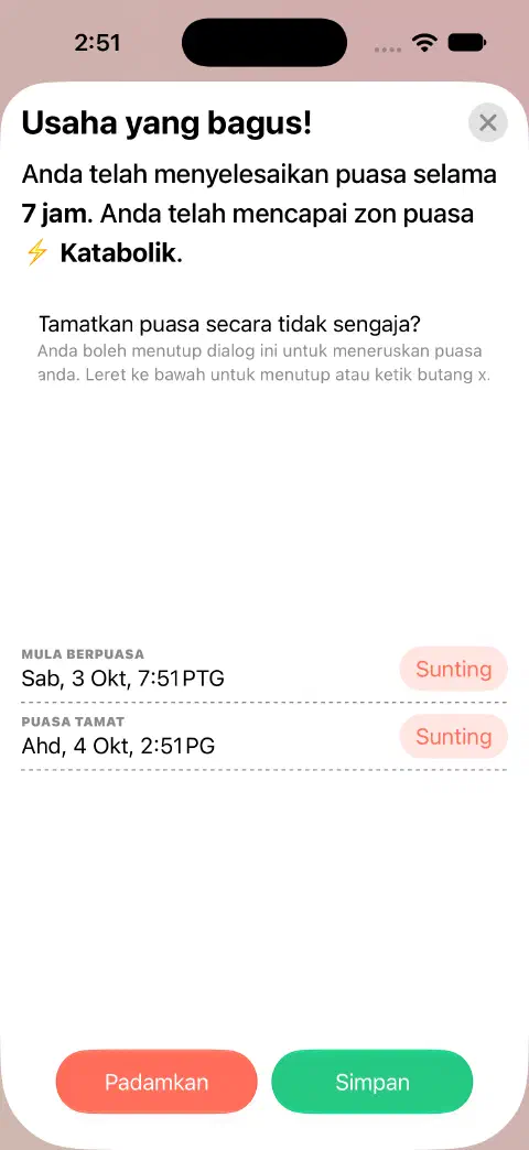 Catatan puasa yang selesai dan sedia disimpan, dengan butang Sunting berasingan untuk Mula berpuasa dan Puasa tamat.