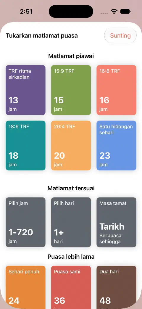 Tukarkan matlamat puasa dengan tempoh piawai serta kawalan Pilih jam, Pilih hari dan Masa tamat.