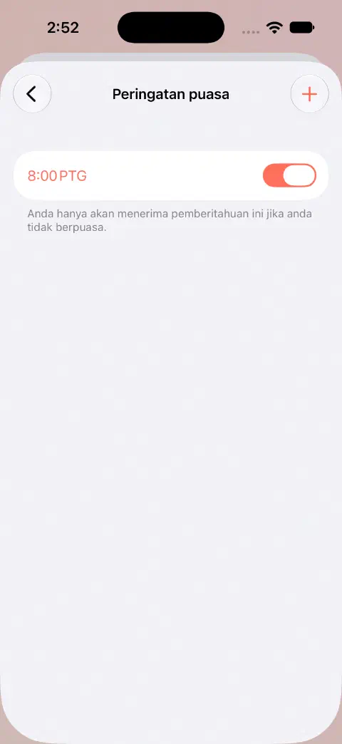 Peringatan Puasa menunjukkan peringatan harian pada 20:00 yang dihidupkan dan penjelasan bahawa ia hanya memberitahu apabila awak tidak berpuasa.