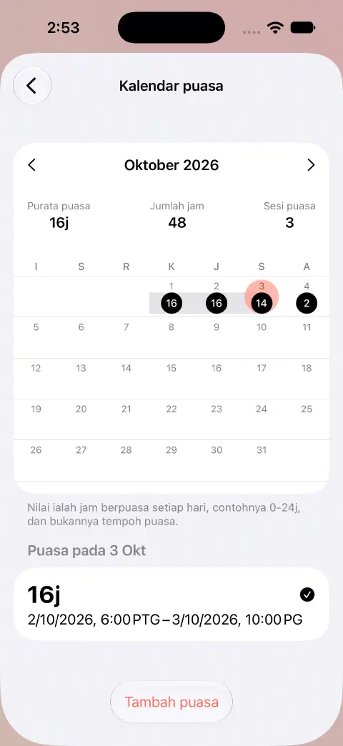 Kalendar puasa Oktober dengan hari dipilih dan puasa yang selesai disenaraikan di bawahnya.