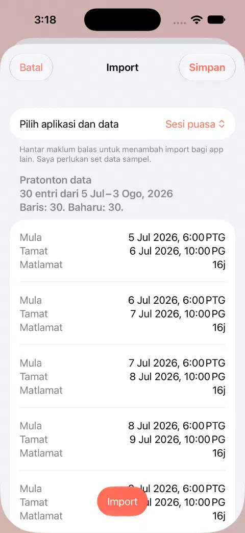 Pratonton import CSV Fasty menunjukkan 30 baris, 30 entri baharu serta nilai mula, tamat dan matlamat rekod pertama sebelum disimpan.