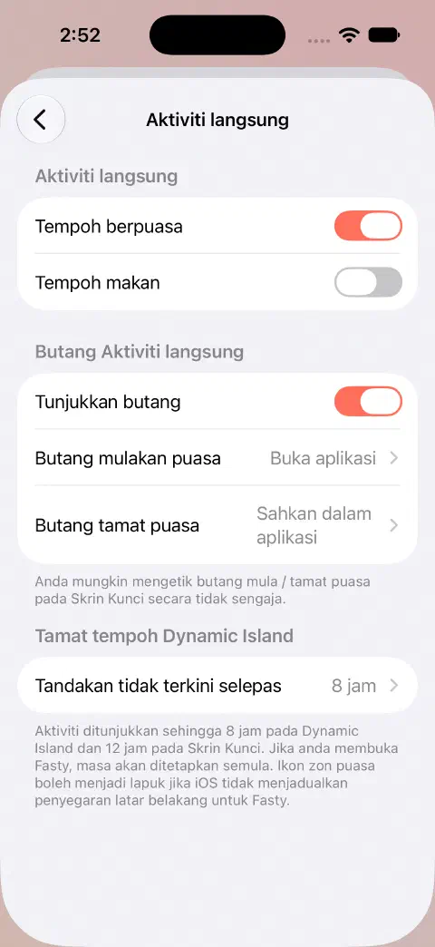Tetapan Aktiviti Langsung dengan suis puasa dan makan berasingan, pilihan tingkah laku butang serta tetapan tamat tempoh paparan Dynamic Island.