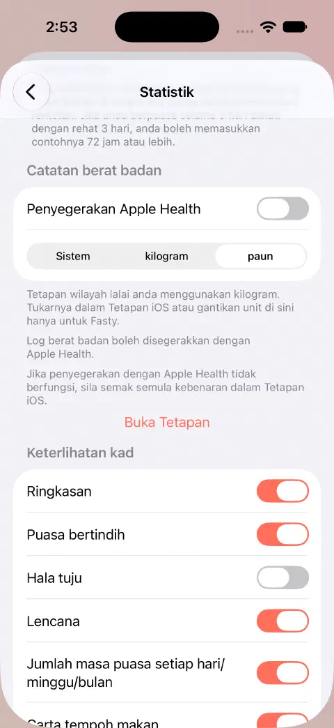 Tetapan Statistik menunjukkan Penyegerakan Apple Health dinyahaktifkan dan paun dipilih berbanding Sistem atau kilogram.
