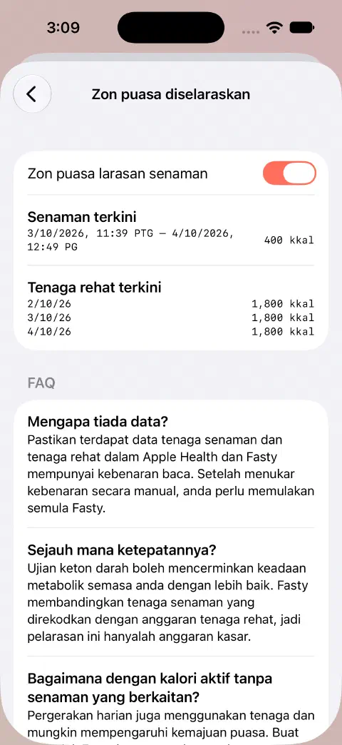 Zon puasa dilaraskan didayakan dengan senaman contoh 400 kcal dan nilai tenaga rehat terkini disenaraikan di bawahnya.