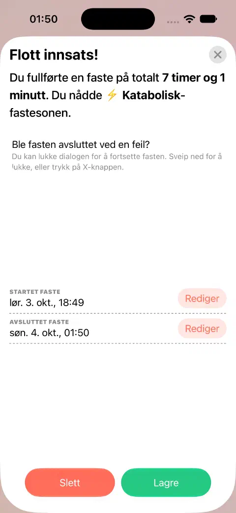 En avsluttet fasteperiode klar til å lagres, med egne Rediger-knapper ved Startet faste og Avsluttet faste.