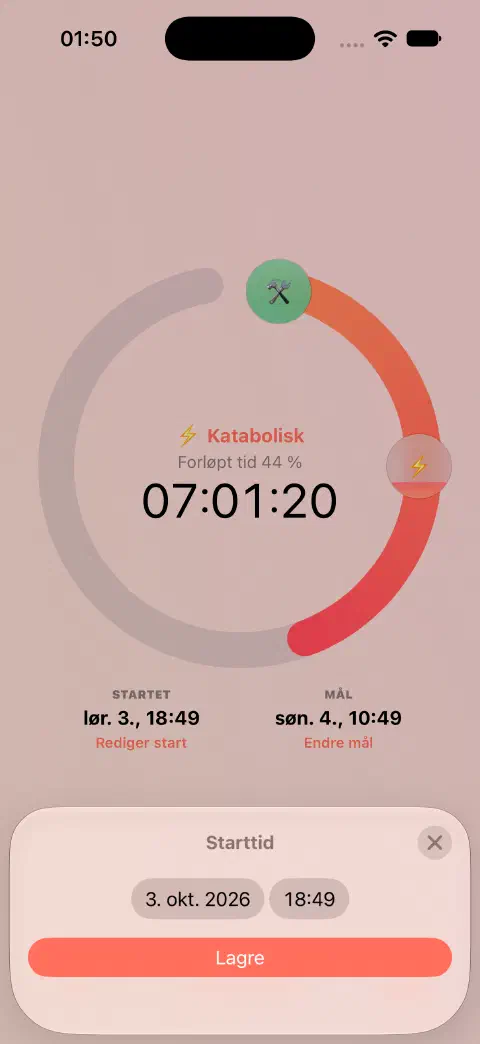 Aktiv fastetidtaker med redigering av starttid, dato- og tidskontroll og Lagre-knapp.