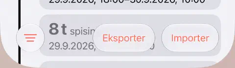 Nederste verktøylinje i fastehistorikken, med Filtrer-knappen med tre linjer til venstre og Eksporter og Importer til høyre.