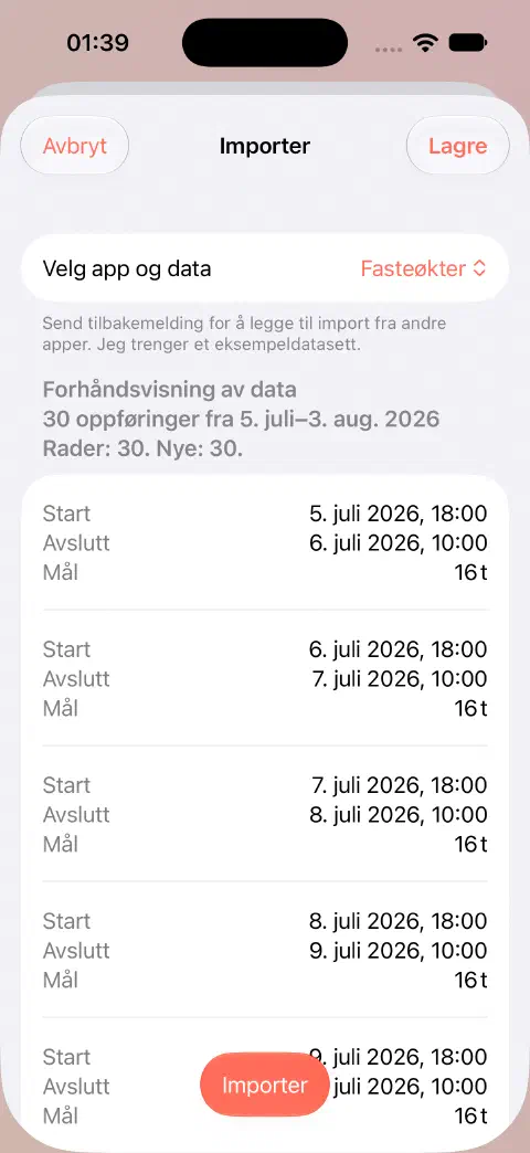 Forhåndsvisning av Fasty-CSV-import med 30 rader, 30 nye registreringer og de første registreringenes start-, slutt- og målverdier før lagring.