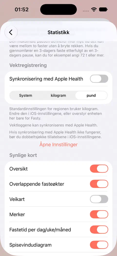 Statistikkinnstillinger med Synkronisering med Apple Health slått av og pund valgt i stedet for System eller kilogram.