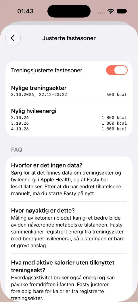Justerte fastesoner slått på, med en eksempeltreningsøkt på 400 kcal og nylige hvileenergiverdier oppført under.