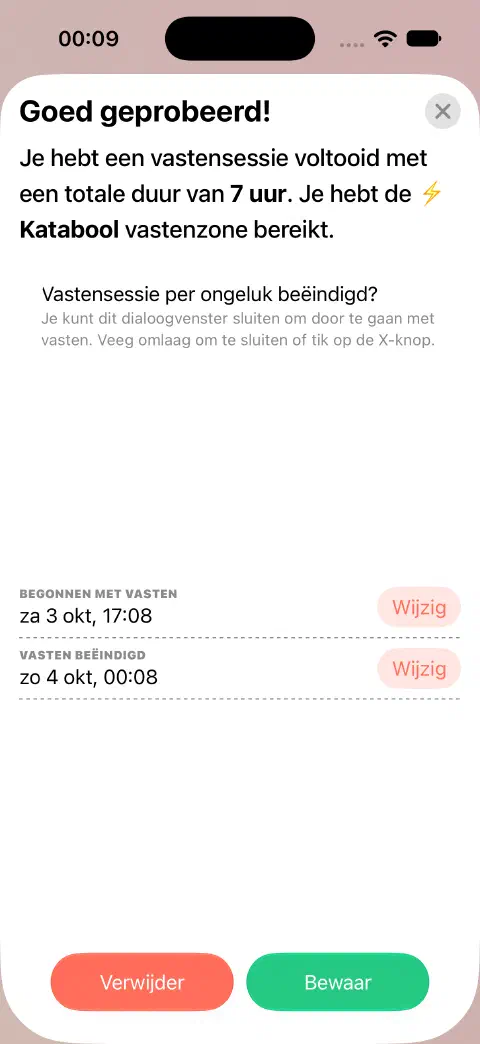 Afgeronde vastenperiode klaar om te bewaren, met aparte bewerkknoppen voor start en einde.