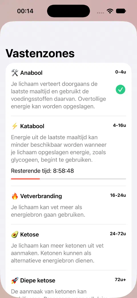 Overzicht van vastenzones met namen, geschatte tijdvakken, uitleg en voortgang van de huidige zone.