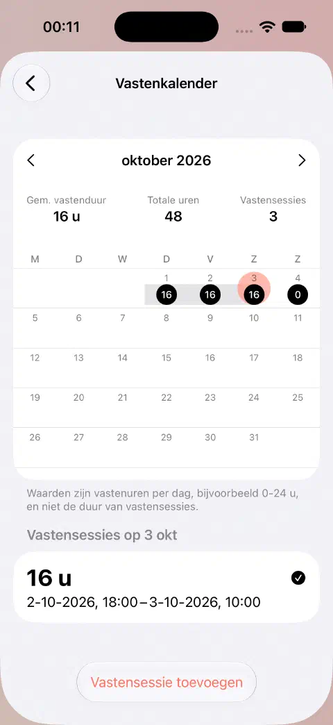 Vastenkalender voor oktober met een geselecteerde dag en de afgeronde invoer eronder.