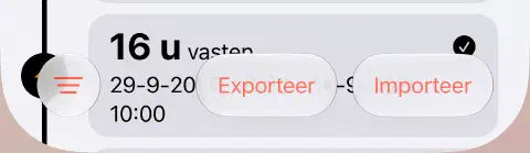 Onderste werkbalk van de vastengeschiedenis met het filter links en exporteren en importeren rechts.