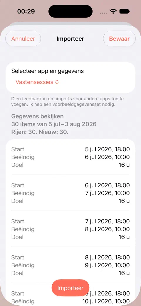 CSV-importvoorbeeld met 30 rijen, 30 nieuwe invoeren en de eerste start-, eind- en doelwaarden vóór het bewaren.