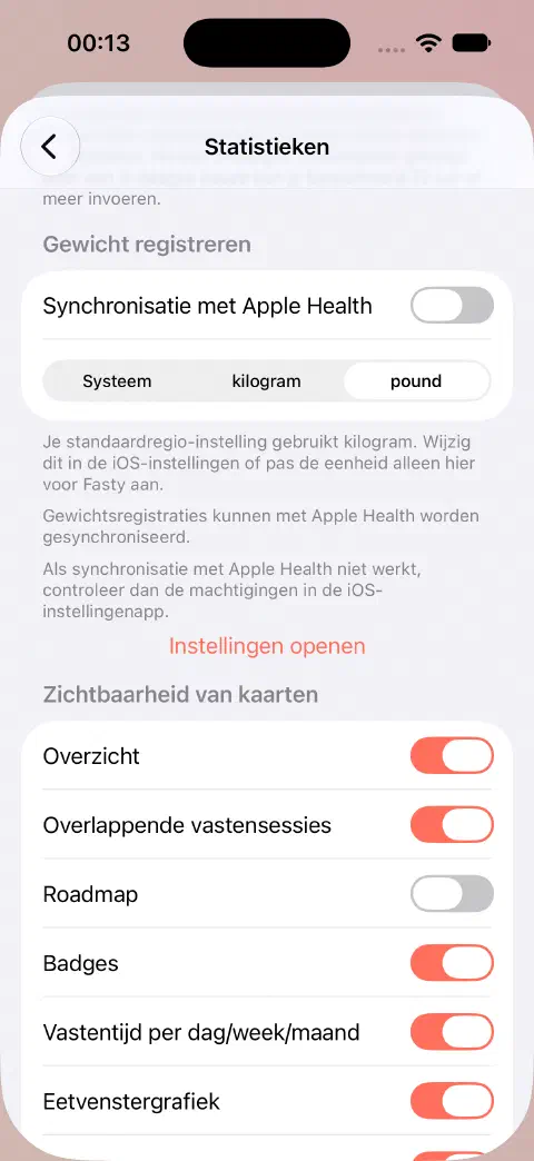 Statistiekinstellingen met Gezondheid-synchronisatie uit en pound geselecteerd.