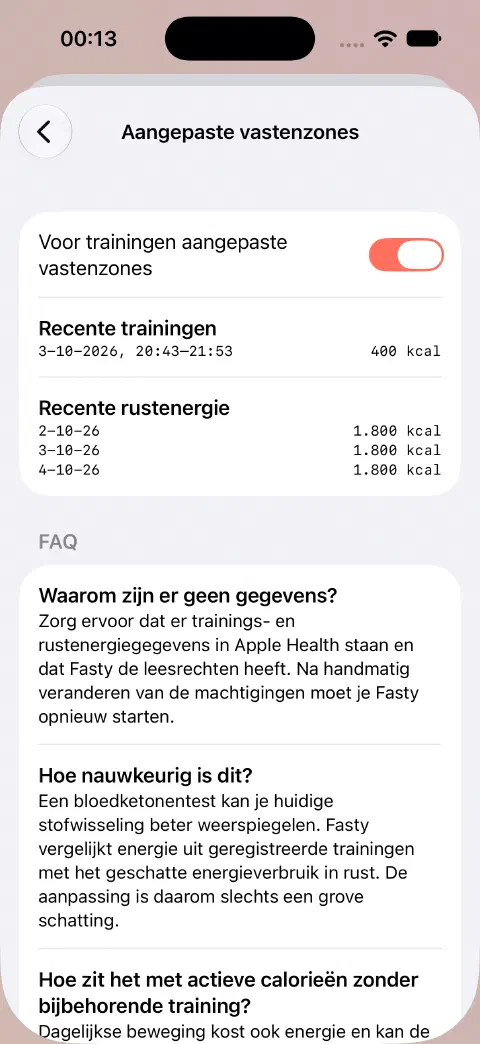 Ingeschakelde trainingsaanpassing met een voorbeeldtraining van 400 kcal en rustenergiegegevens.