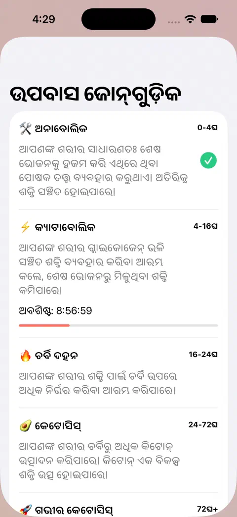 ଉପବାସ ଜୋନ୍‌ଗୁଡ଼ିକ ଶୀଟ୍‌ରେ ଜୋନ୍ ନାମ, ଅନୁମାନିତ ସମୟସୀମା, ବ୍ୟାଖ୍ୟା ଓ ଏବେର ଜୋନ୍‌ର ବାକି ସମୟ ପ୍ରଗତି ବାର୍।