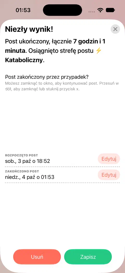 Wpis zakończonego postu gotowy do zapisania, z osobnymi przyciskami edycji czasu rozpoczęcia i zakończenia postu.