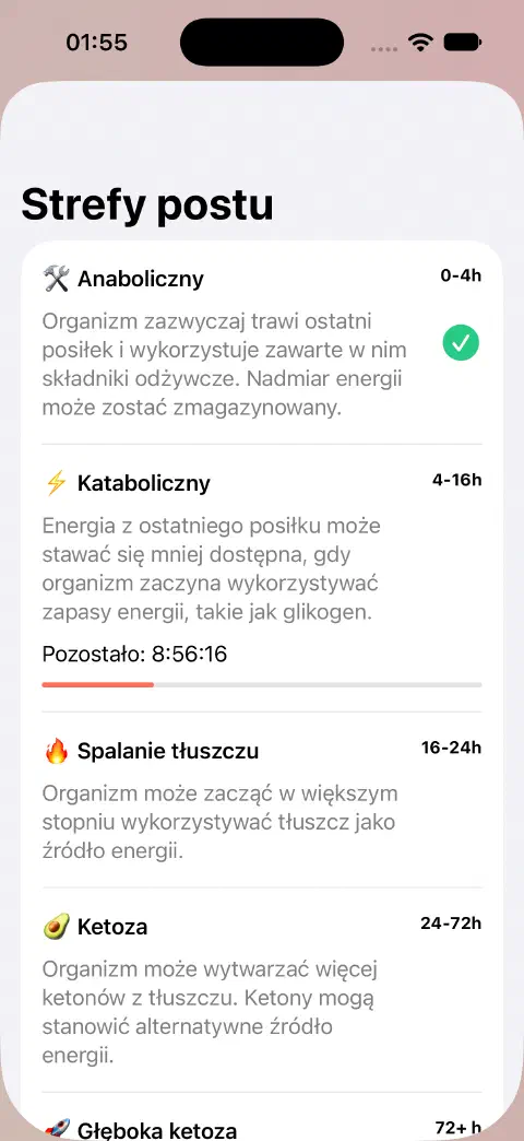 Panel stref postu z nazwami stref, szacowanymi zakresami czasu, wyjaśnieniami i paskiem postępu czasu pozostałego w bieżącej strefie.