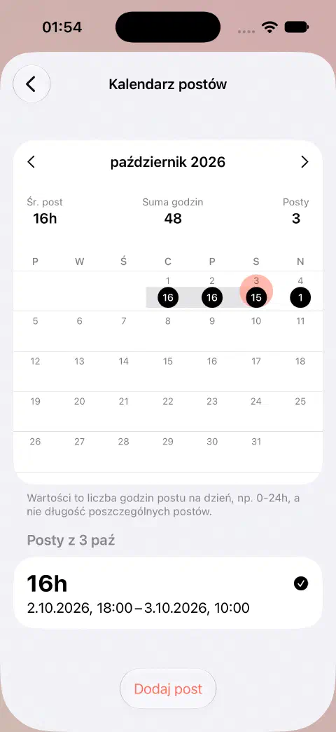 Październikowy kalendarz postów z wybranym dniem i jego zakończonym postem poniżej.