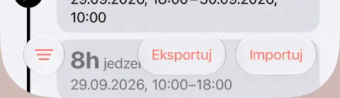 Dolny pasek historii postów z trzyliniowym przyciskiem filtra po lewej oraz eksportem i importem po prawej.