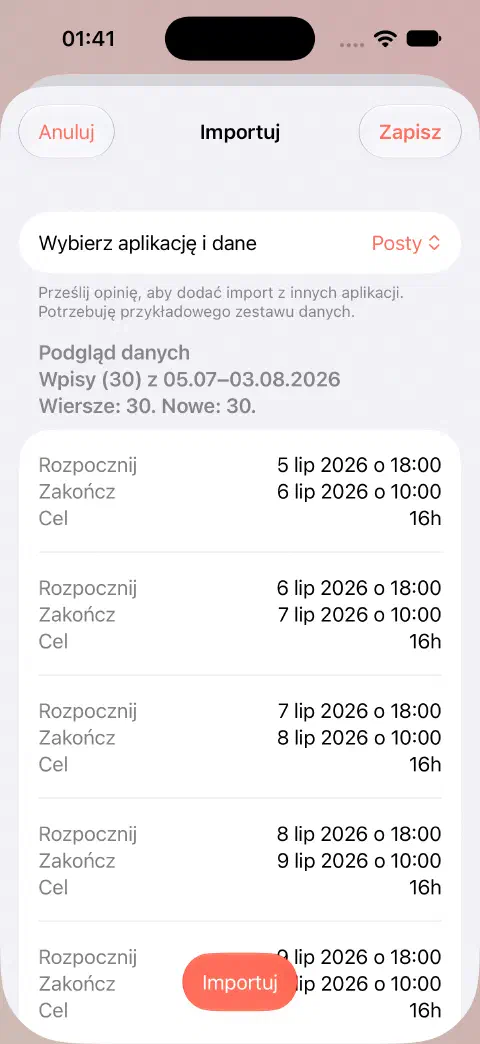 Podgląd importu CSV Fasty z 30 wierszami, 30 nowymi wpisami oraz czasami rozpoczęcia i zakończenia i celami pierwszych wpisów przed zapisem.