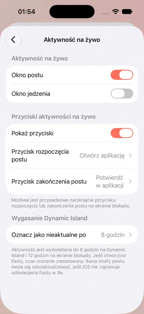 Ustawienia Wydarzenia na żywo z osobnymi przełącznikami postu i jedzenia, opcjami działania przycisków oraz ustawieniami wygaśnięcia Dynamic Island.