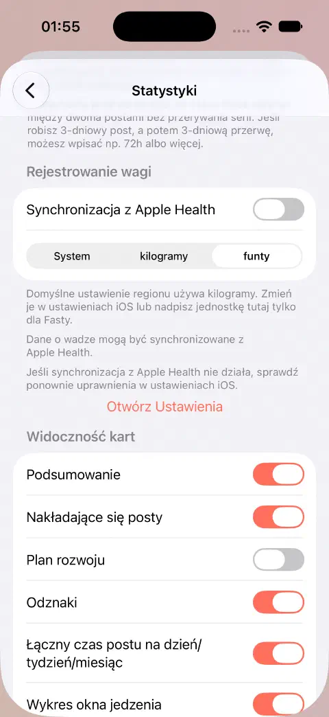 Ustawienia statystyk z wyłączoną synchronizacją Zdrowia Apple i wybranymi funtami zamiast systemu lub kilogramów.