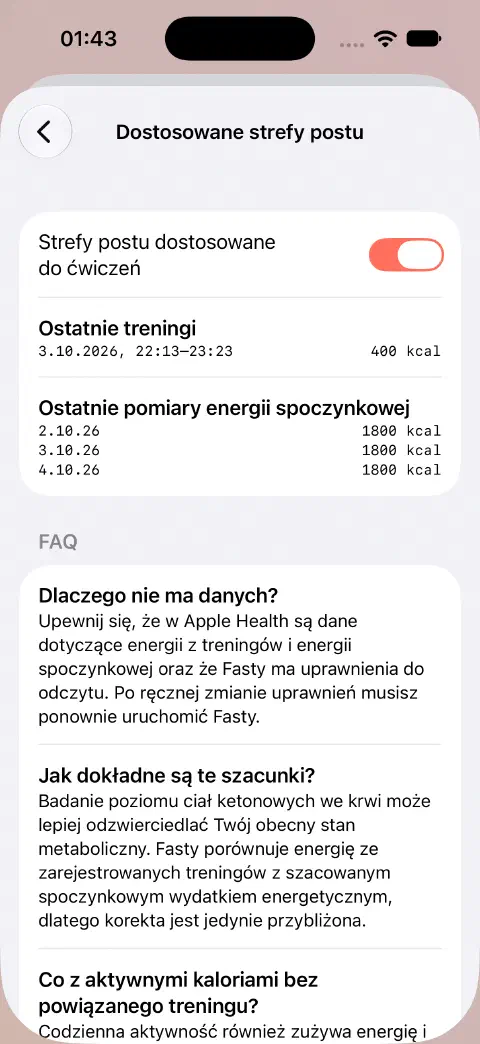 Dostosowane strefy postu włączone, z przykładowym treningiem 400 kcal i ostatnimi wartościami energii spoczynkowej poniżej.