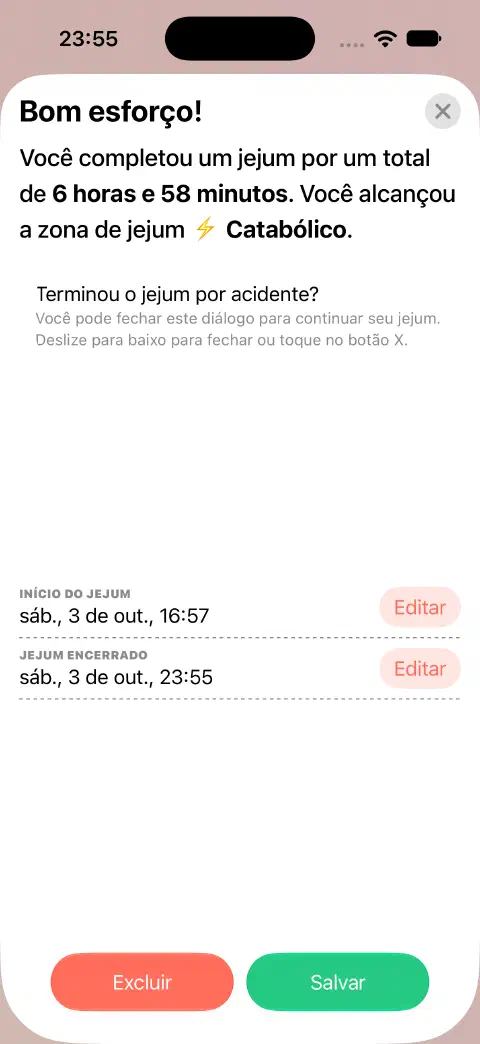 Registro de jejum concluído pronto para salvar, com botões separados para editar início e término.