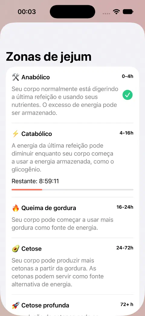 Lista de zonas de jejum com nomes, intervalos estimados, explicações e progresso da zona atual.
