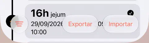Barra inferior do histórico, com filtro de três linhas à esquerda e exportação e importação à direita.