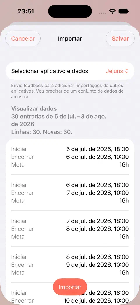 Prévia de importação CSV com 30 linhas, 30 novos registros e os primeiros valores de início, término e meta antes de salvar.