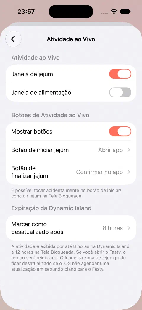 Ajustes com interruptores separados para jejum e alimentação, opções de comportamento dos botões e expiração na Dynamic Island.