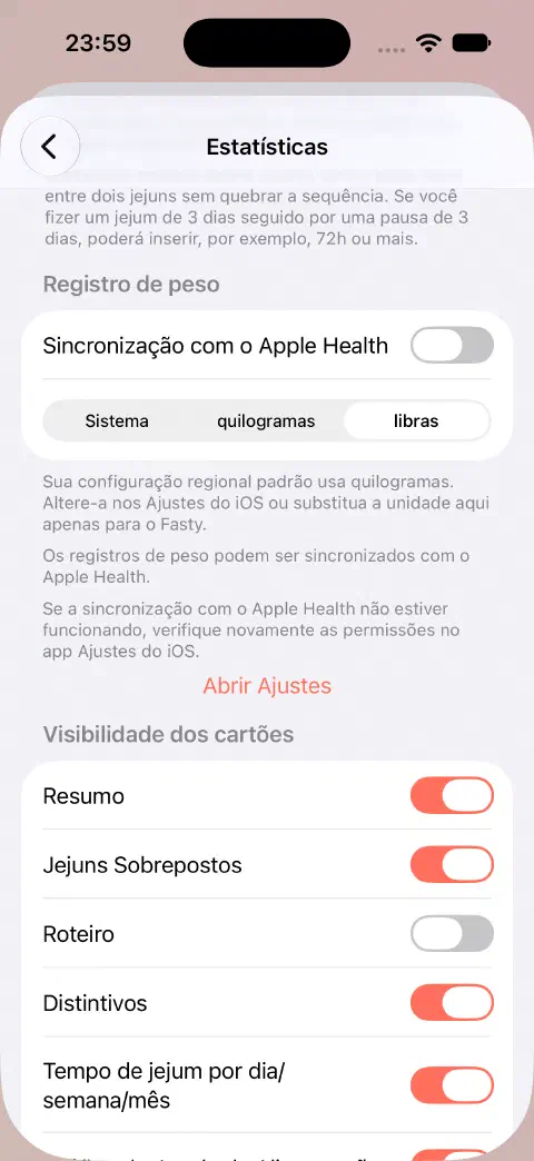 Ajustes de estatísticas com sincronização do Saúde desligada e libras selecionadas.