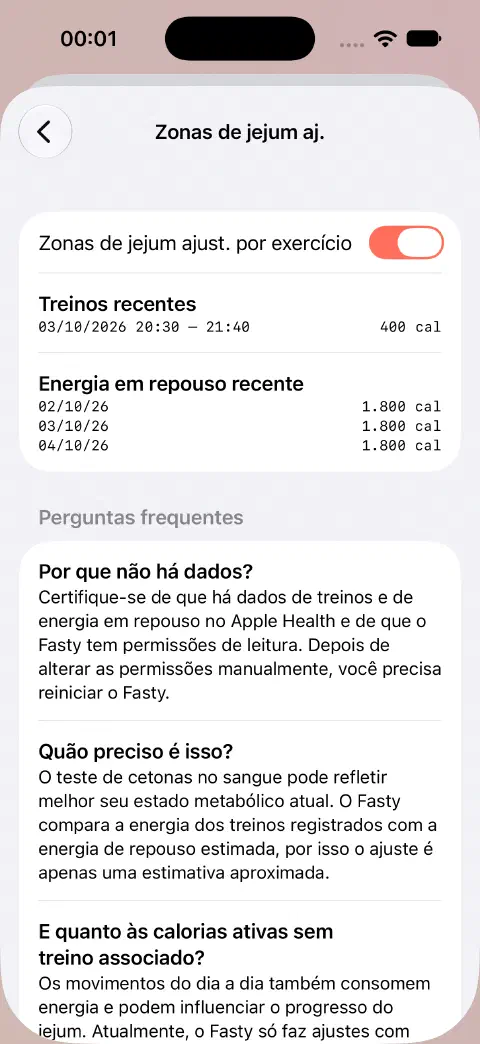 Ajuste por exercícios ativado com um exercício de exemplo de 400 kcal e dados de energia em repouso.