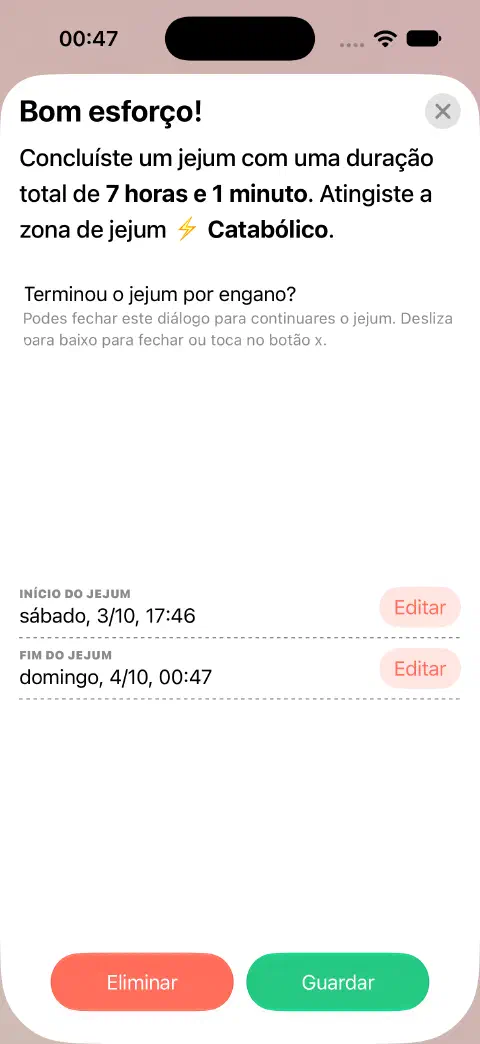 Entrada de jejum concluído pronta a guardar, com botões Editar separados para Início do jejum e Fim do jejum.